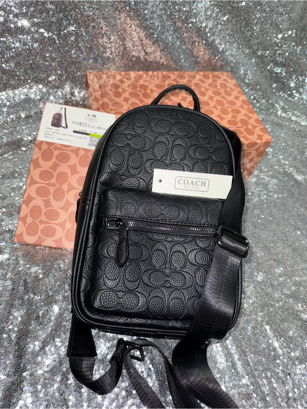 Coach Black Embossed Signature Leather Sling Backpack